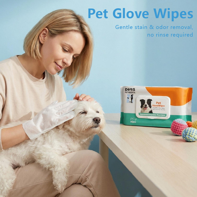 Luvas de lenços umedecidos para animais de estimação para cães e gatos com 50 contagens de limpeza rápida após caminhadas