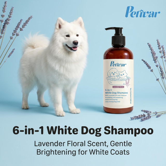 Shampoo profissional para cães com pelagem branca para remover manchas amarelas e aumentar o brilho